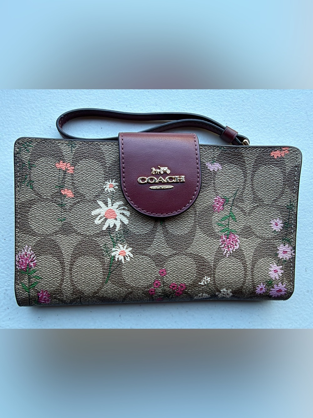 Coach Brown Floral Signature Crossbody with Burgundy Trim